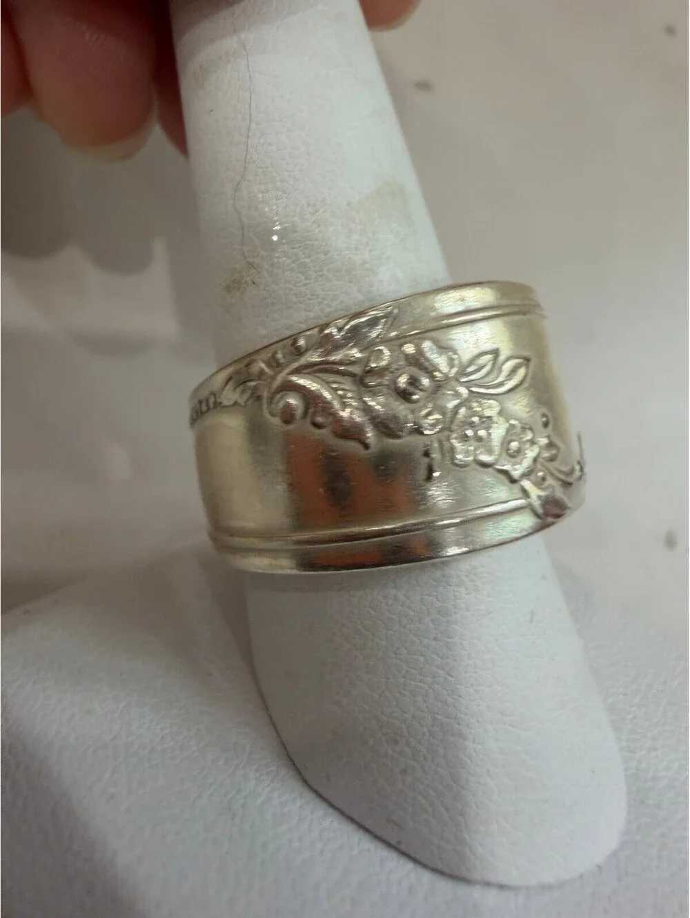 Vintage Silver Floral Spoon Ring Adjustable Band Size 9.5